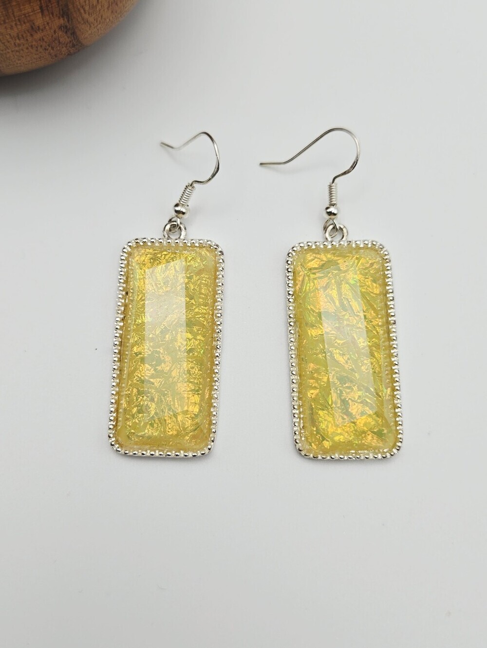 Yellow Iridescent Rectangle Drop Earrings With 925 Stering Hooks - Picture 8 of 14